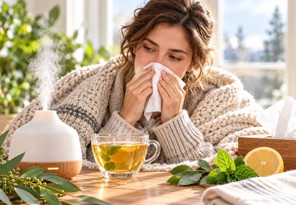 Donna raffreddata con fazzoletto, diffusore di oli essenziali e tisana calda