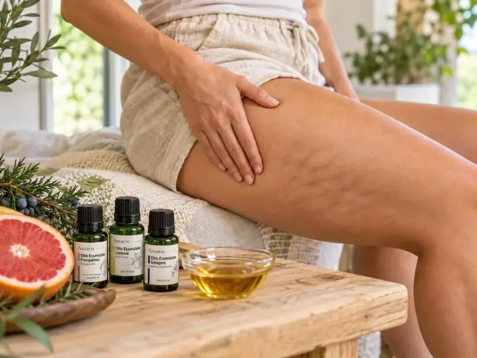 Donna che massaggia la coscia con cellulite visibile, accanto agli oli essenziali AMYRON di pompelmo, limone e ginepro.