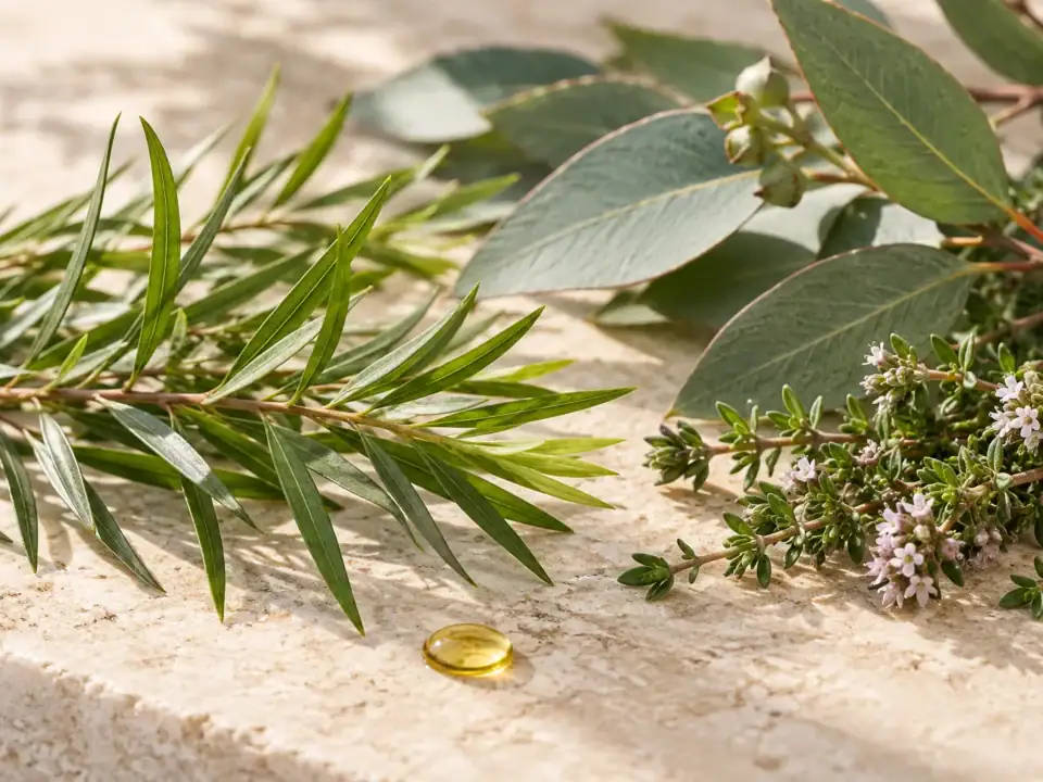 Rametti di tea tree, eucalipto e timo su una superficie chiara, con una goccia d’olio Oli essenziali antibatterici e antivirali