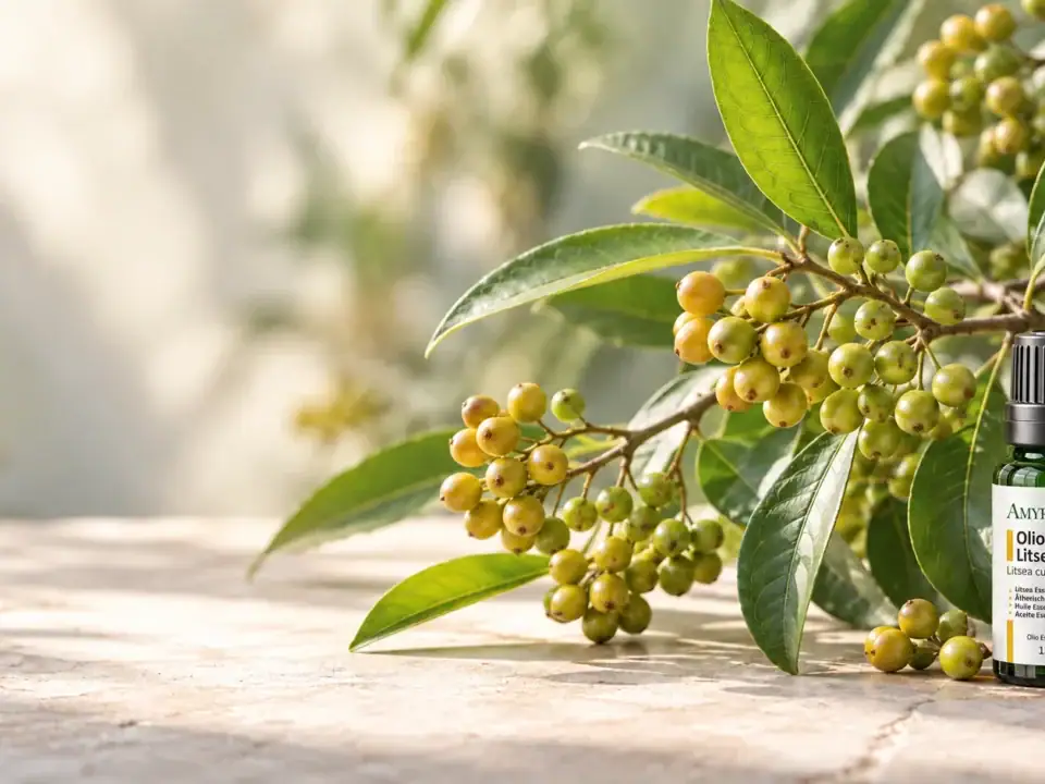 Frutti e foglie di Litsea cubeba accanto al flacone AMYRON di olio essenziale di litsea da 15 ml.