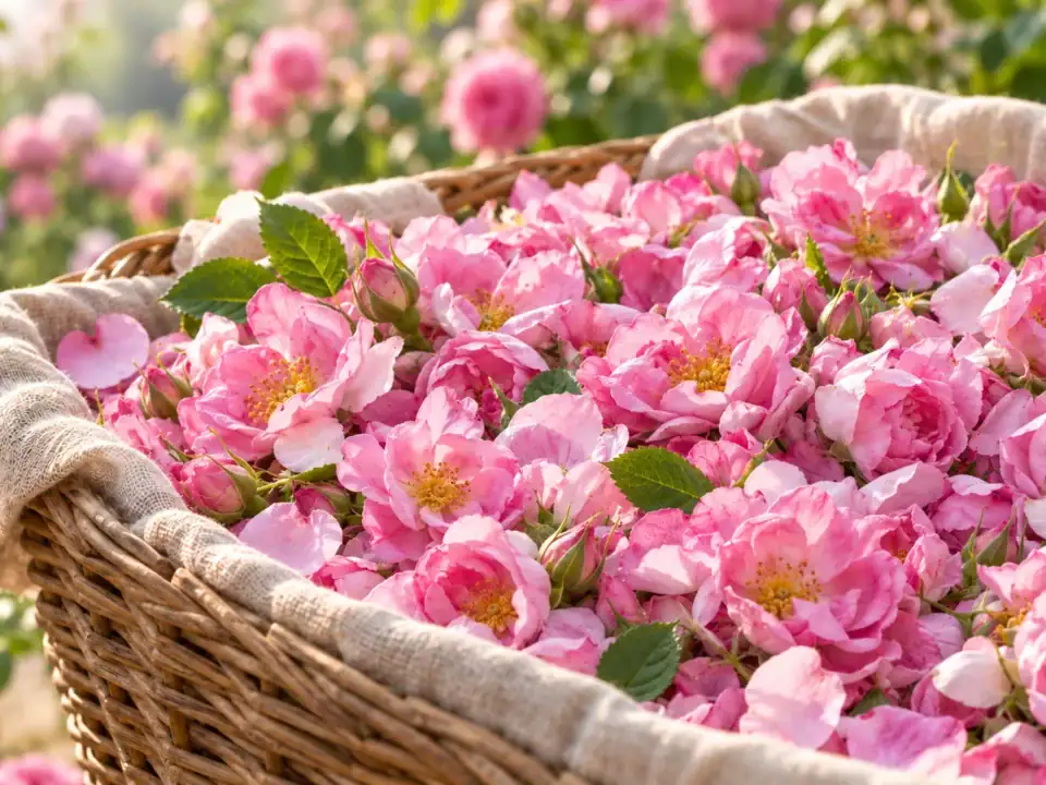 Fiori rosa di Rosa Damascena appena raccolti in un cesto di vimini, con boccioli e foglie verdi