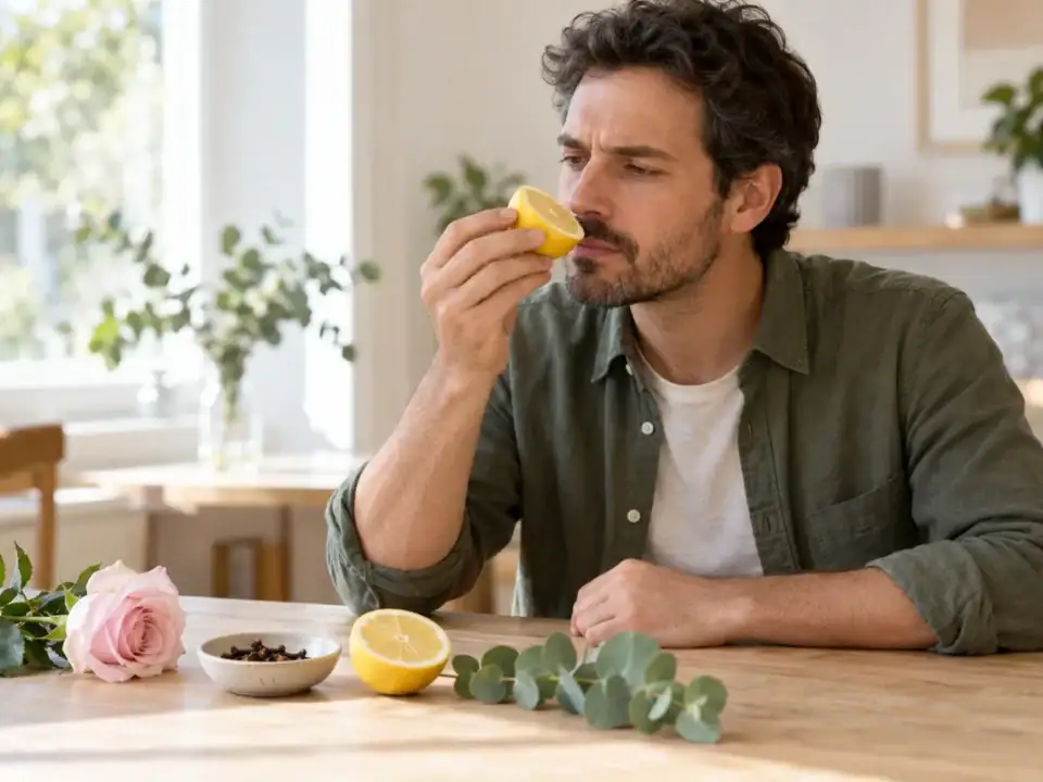 Anosmia cause e rimedi: uomo che prova a riconoscere l’odore di un limone