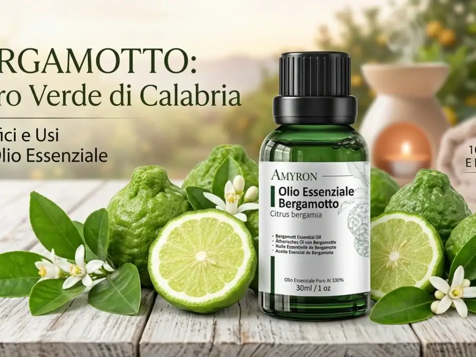 Flacone di olio essenziale di bergamotto con brucia essenze, candela e bergamotti freschi su tavolo in legno