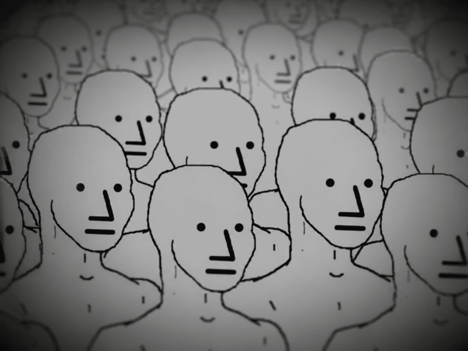 Typical NPC meme showing grey human figures with crude blank expressions
