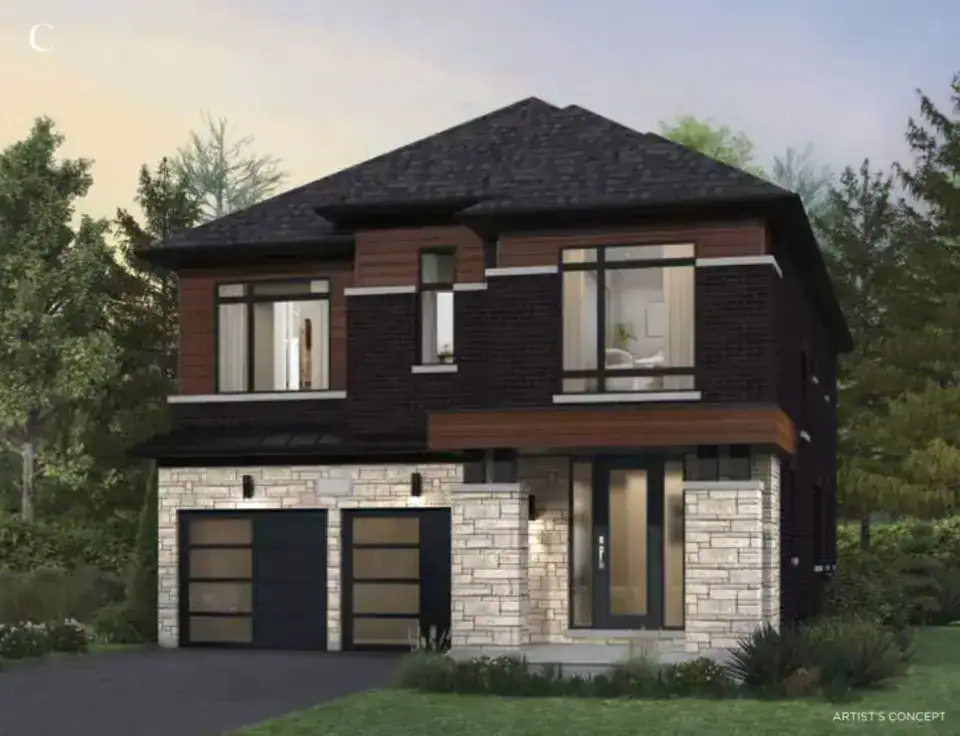 Exterior rendering of a SouthCal 38' detached home featuring a modern dark brick facade, cream-colored board-and-batten gables with decorative trusses, and a covered front porch.