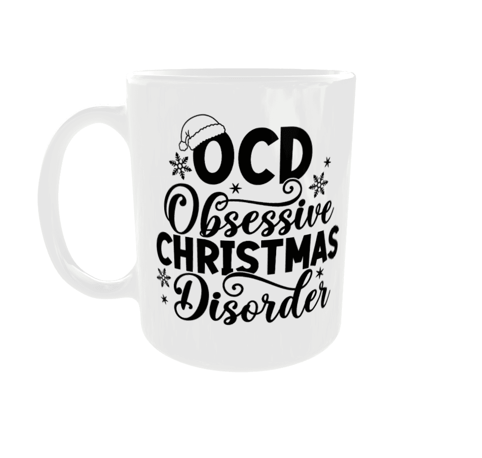 Humoristische kerstmok met OCD en Christmas thema, ideaal voor feestdagen cadeaus.
