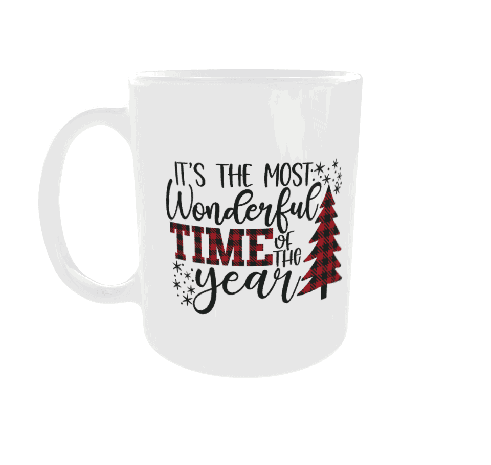 Kerstcadeau mok met feestelijk ontwerp en tekst 'It's the most wonderful time of the year' in zwart en rood, kerstboom illustratie.