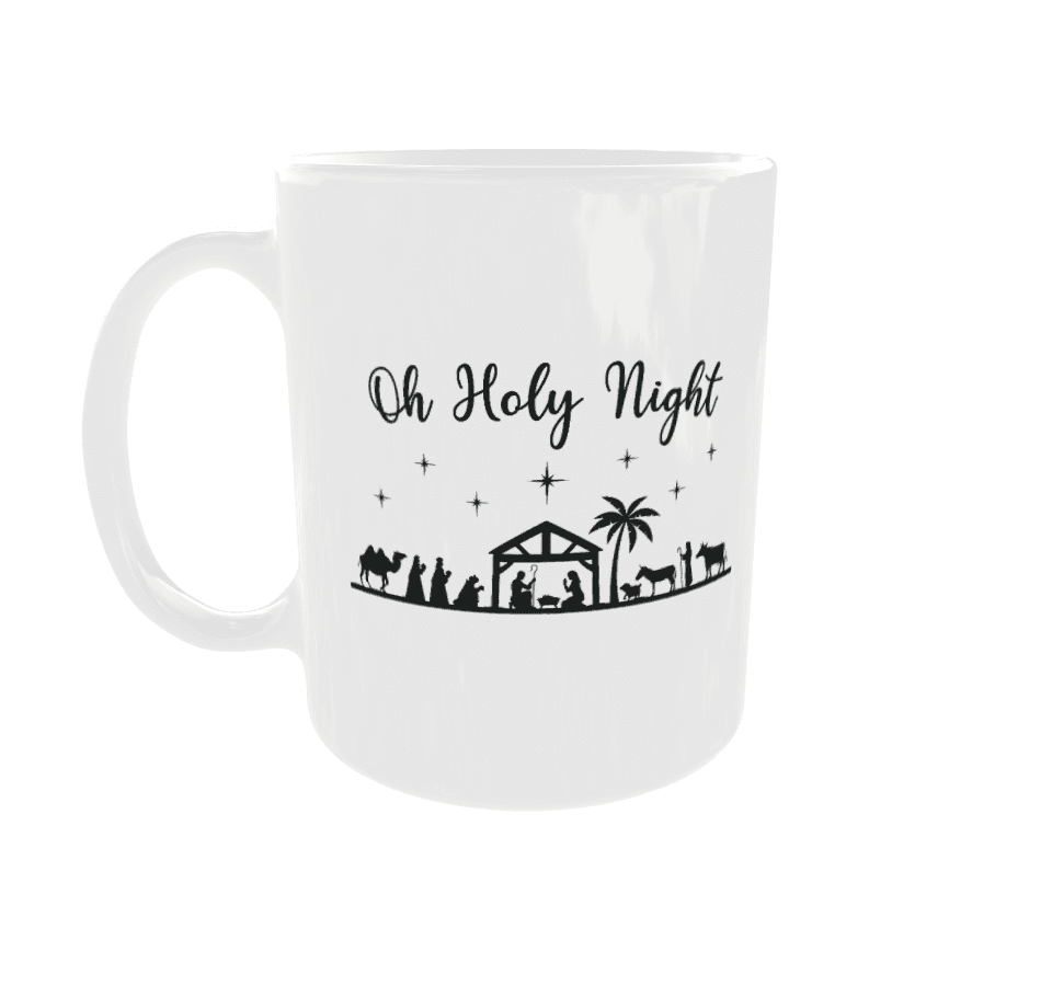 Kerstmokje met kerstverhaal, kerstscène, kerstdieren en sterren, Christmas mug ontwerp.