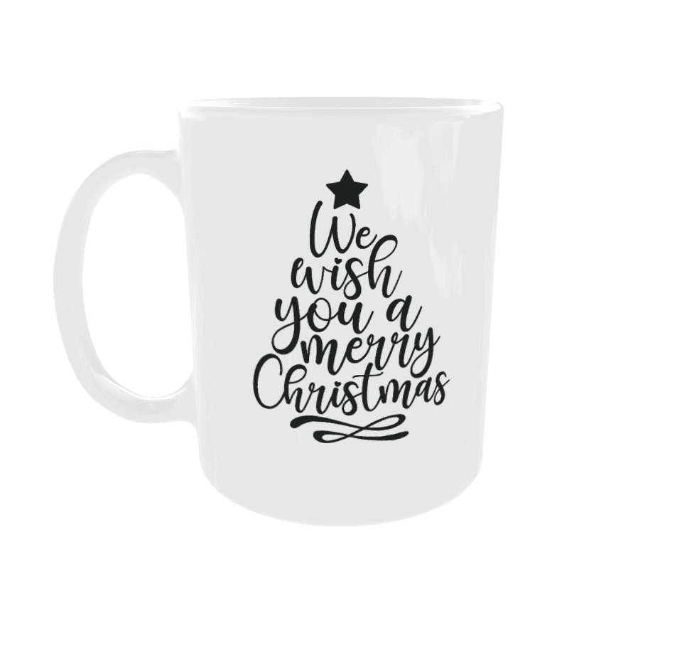 Alternatief tekst: Wit kerstdesign mok met zwarte tekst en ster, feestelijke sfeer.