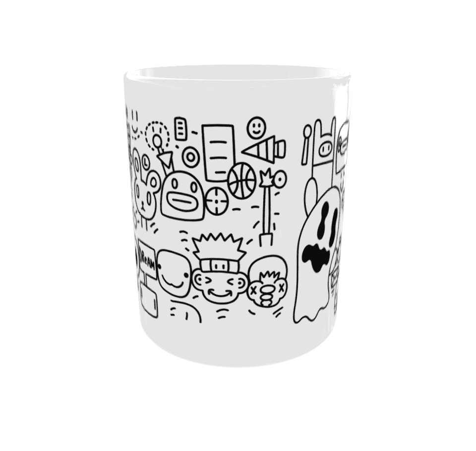 Creatieve mok met zwart-witte illustraties van cartoonfiguren en abstracte vormen.