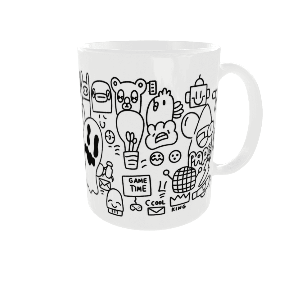 Creatieve mok met zwart-witte cartoon-illustraties, perfect voor design en branding.