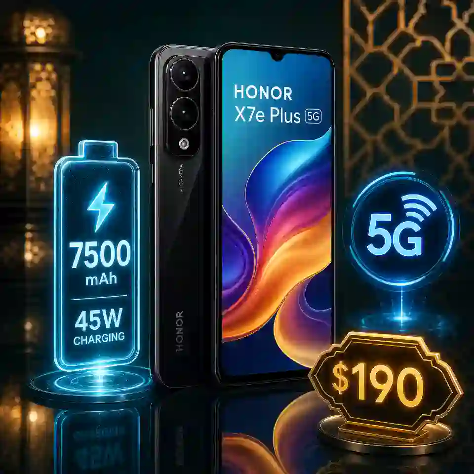 HONOR X7e Plus 5G هاتف اقتصادي ببطارية 7500 مللي أمبير وشحن 45W متوفر في الأسواق على خلفية خضراء داكنة وذهبية