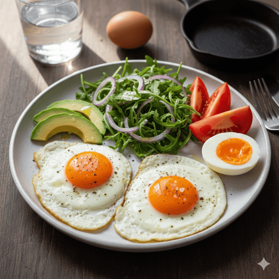 A healthy plate with two fried eggs, a soft-boiled egg, sliced avocado, fresh arugula salad, and tomatoes on a wooden table.
