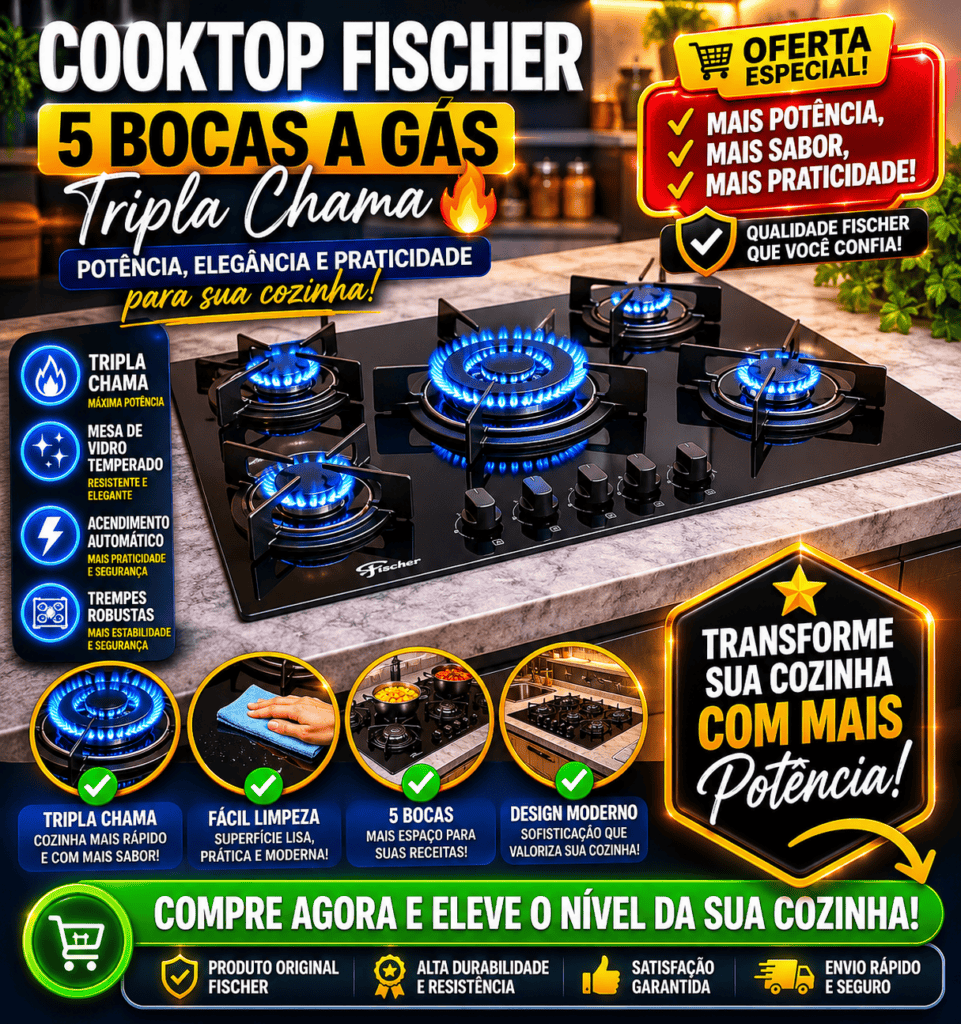 Fogão Cooktop De Embutir 5 Bocas A Gás Tripla Chama