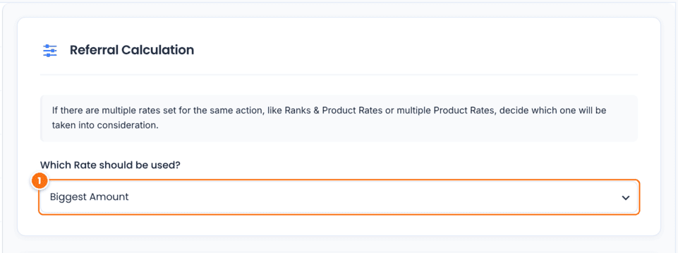 Referral Calculation section in Ultimate Affiliate Pro General Settings with the Which Rate should be used? dropdown set to Biggest Amount