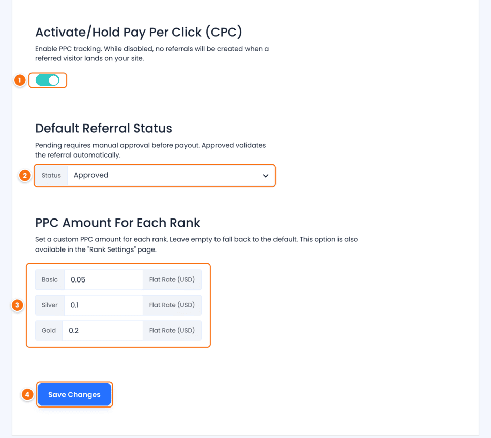 Pay Per Click (CPC) settings in Ultimate Affiliate Pro with the Activate/Hold switch on, Default Referral Status set to Approved, PPC amounts of 0.05, 0.1 and 0.2 for the Basic, Silver and Gold ranks, and the Save Changes button