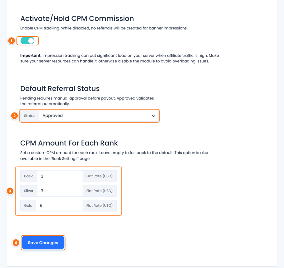 CPM Commission settings in Ultimate Affiliate Pro with the Activate/Hold switch on, Default Referral Status set to Approved, CPM amounts of 2, 3 and 5 for the Basic, Silver and Gold ranks, and the Save Changes button