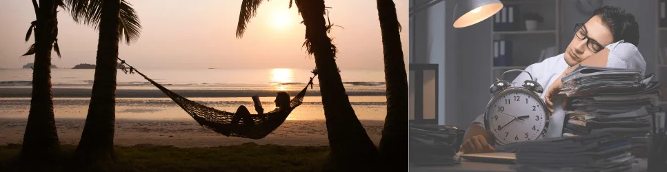 Image of an employee working overtime and another on holiday.