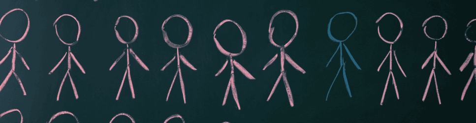 Image of Blue Stick Man surrounded by Pink ones for Equality header image