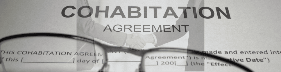 Image of a cohabitation agreement document with a couple shaking hands