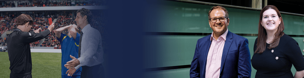 Image of a football manager being given a red card and the DTM Legal Employment Law Team for Employment Rights Act article header image.