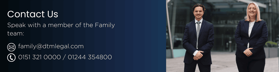 Image of Colette and Sam, Family Law Solicitors outside the DTM Legal offices in Liverpool with contact details