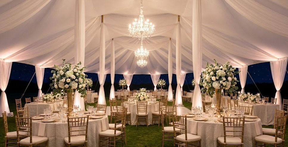 Elegant wedding reception setup under a 20x20 high-peak pole tent with white resin chairs and luxury floral centerpieces in Myrtle Beach.
