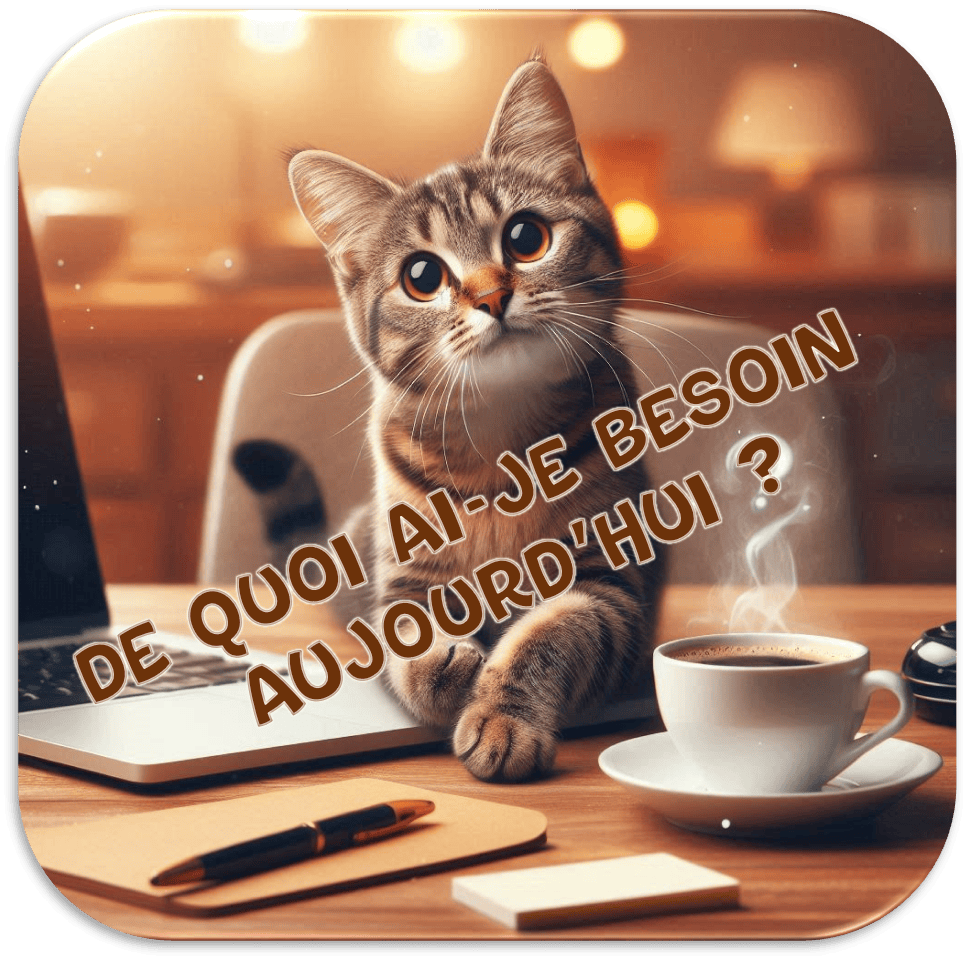 Un chat, à un bureau avec un café, se demande de quoi il a besoin aujourd'hui. Il présente les différents services proposés par le site.
