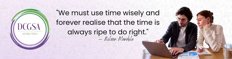 A man and woman review financial documents on a laptop. Beside them is a quote by Nelson Mandela that reads: "We must use time wisely and forever realise that the time is always ripe to do right." The DCGSA logo is on the left with a purple and green swirl design.