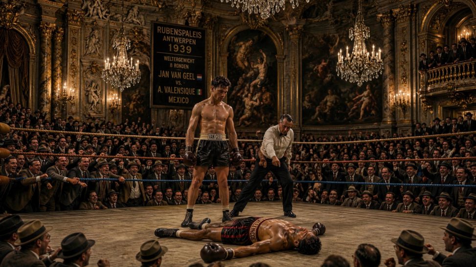 Jan van Geel in a boxing match at the Rubens Palace in Antwerp in 1939