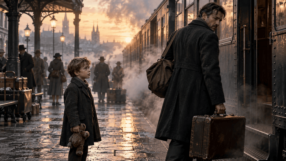 Father leaving his young son at a railway station, symbolising war, absence and family trauma