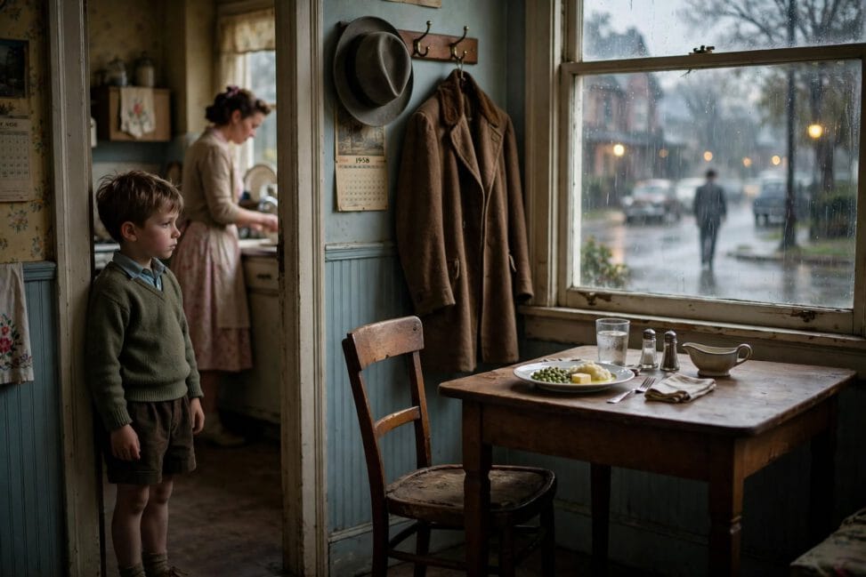 Novels about absent fathers: young boy staring at empty chair at family table, untouched dinner plate, father's coat and hat on hooks, father's silhouette walking away in rain outside window, haunting image of paternal absence
