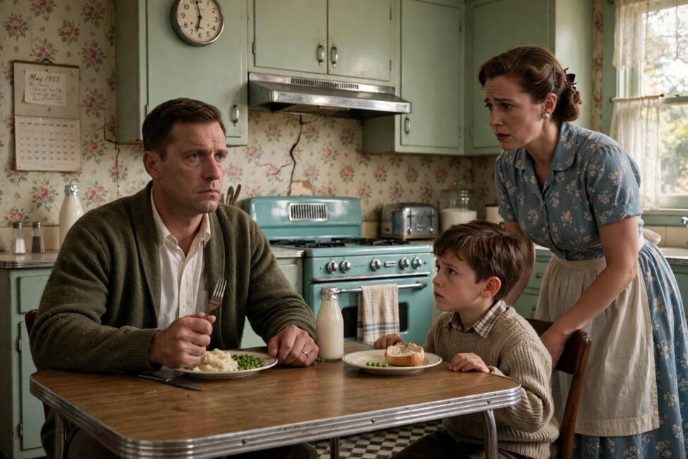 Can trauma pass through generations: father at 1950s kitchen table staring distant tense holding fork tight, young son watching anxiously learning to listen for danger, worried mother leaning in, intergenerational trauma shown as behavior not memory