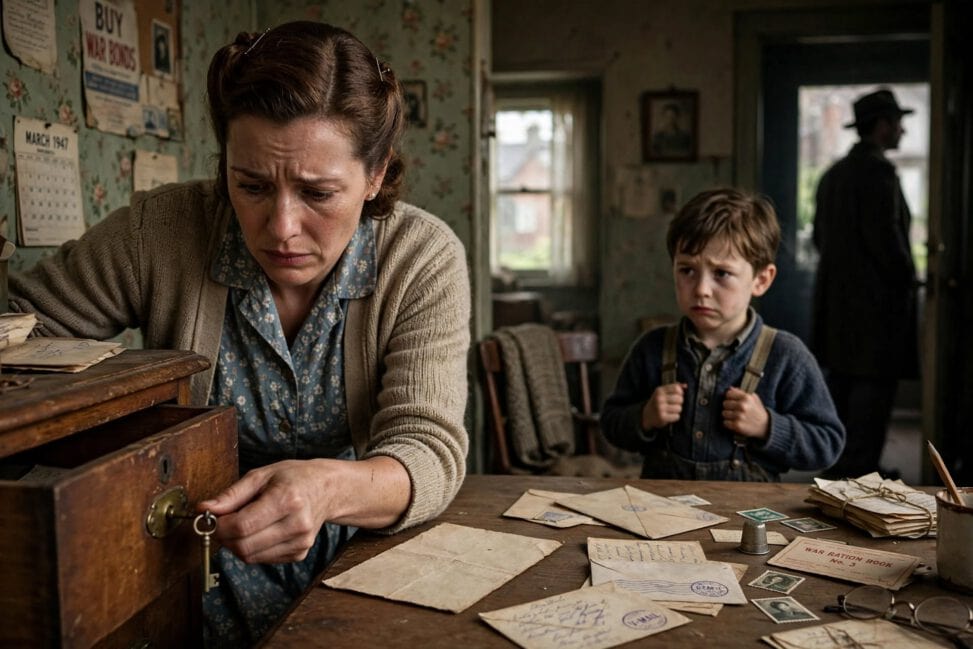 How wartime secrets affect families: mother locking wooden drawer with key, old V-Mail letters and war ration book on table, young son watching confused, father's silhouette leaving in doorway, 1947 interior with war bonds poster