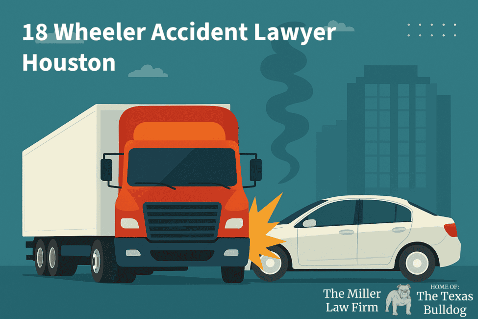 Illustration of an 18-wheeler truck colliding with a car in Houston, representing The Miller Law Firm – The Texas Bulldog, experienced truck accident lawyers.