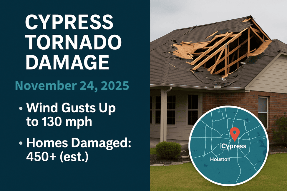 Graphic showing Cypress tornado damage in November 2025 with wind gusts up to 130 mph and over 450 homes damaged