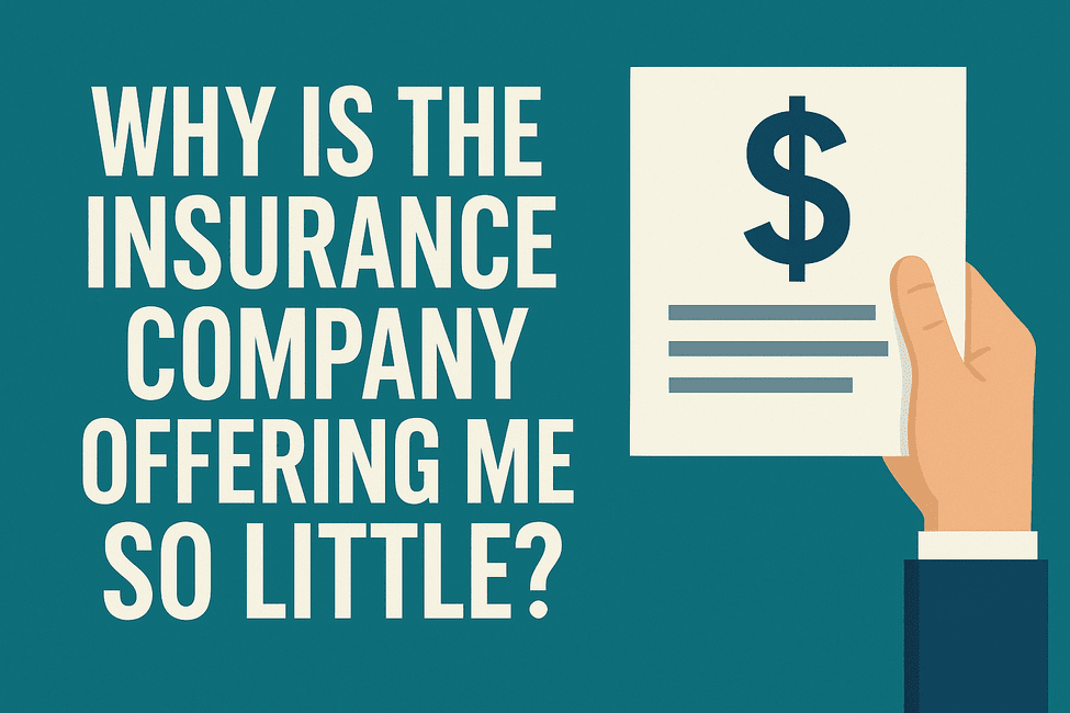 Featured graphic asking “Why is the insurance company offering me so little?” with a hand holding a document showing a dollar sign.