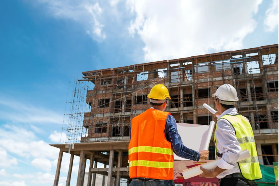 Two construction workers wearing hard hats and vests review plans at partially built site outdoors.