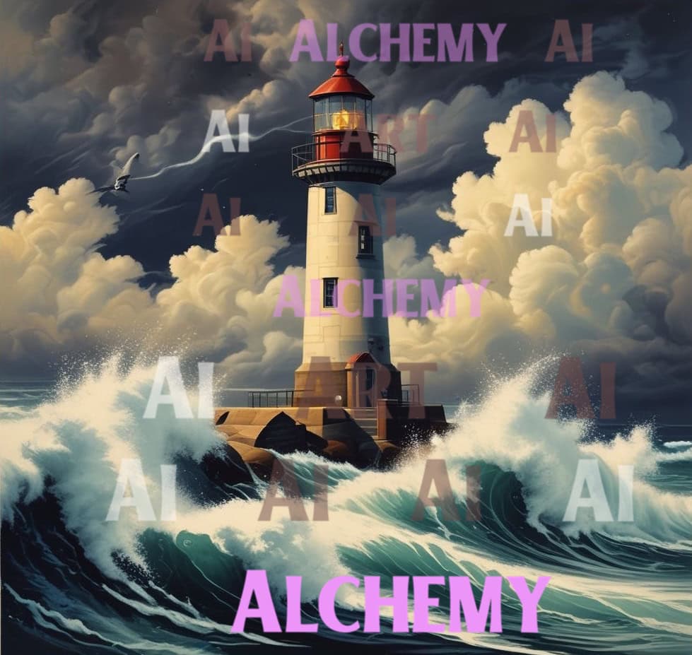 Stormy Lighthouse art print on Aialchemyart.co.uk ai art, Poster art, ai wall art, best ai art nostalgic ai art, trending ai vintage art deco art