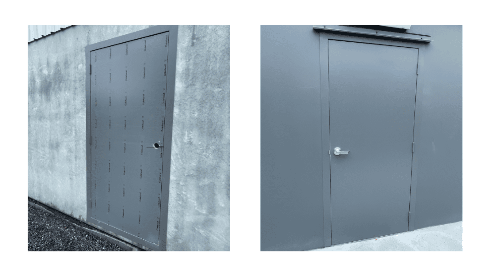 Gray commercial access door installed on a concrete wall as part of the Meca Projects office fit-out