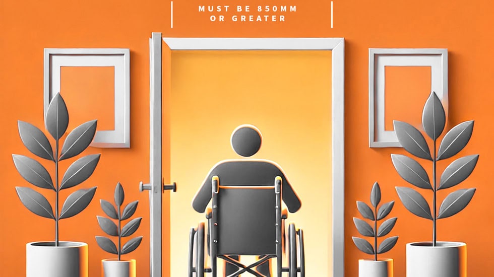 Wide, disability-compliant door with a minimum clearance of 850mm, allowing easy access for wheelchair users in accordance with accessibility standards