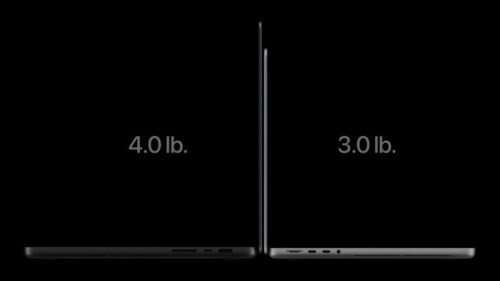 Dois MacBook Pro novos vistos de perfil, lado a lado