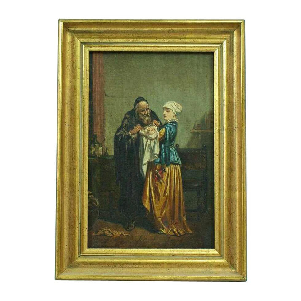 Lot #12844 – Antique Oil Painting on Canvas Man Woman Child Framed Art Art