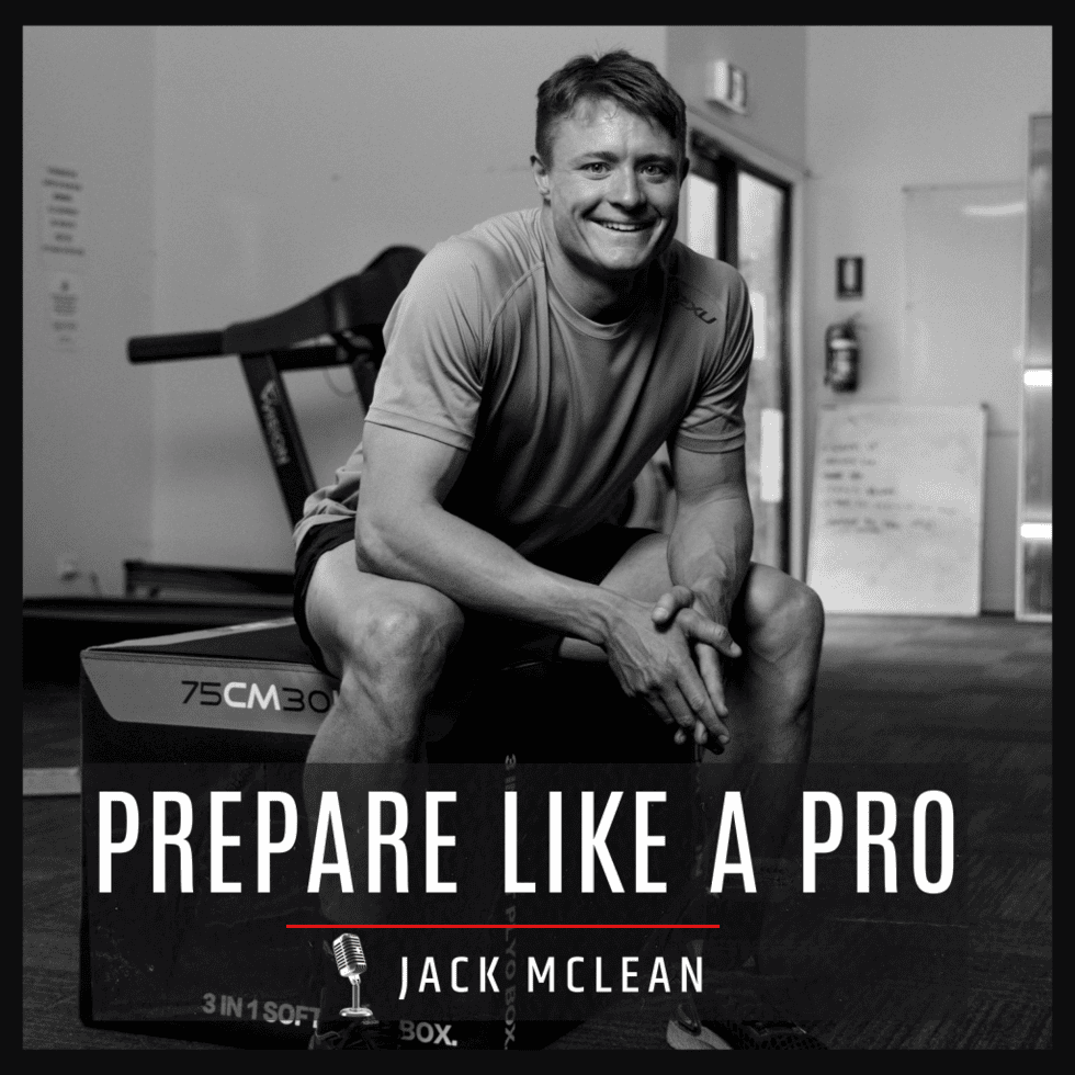 Black and white photo of a happy man seated on a plyometric box in a gym, with text "Prepare Like a Pro - Jack McLean."
