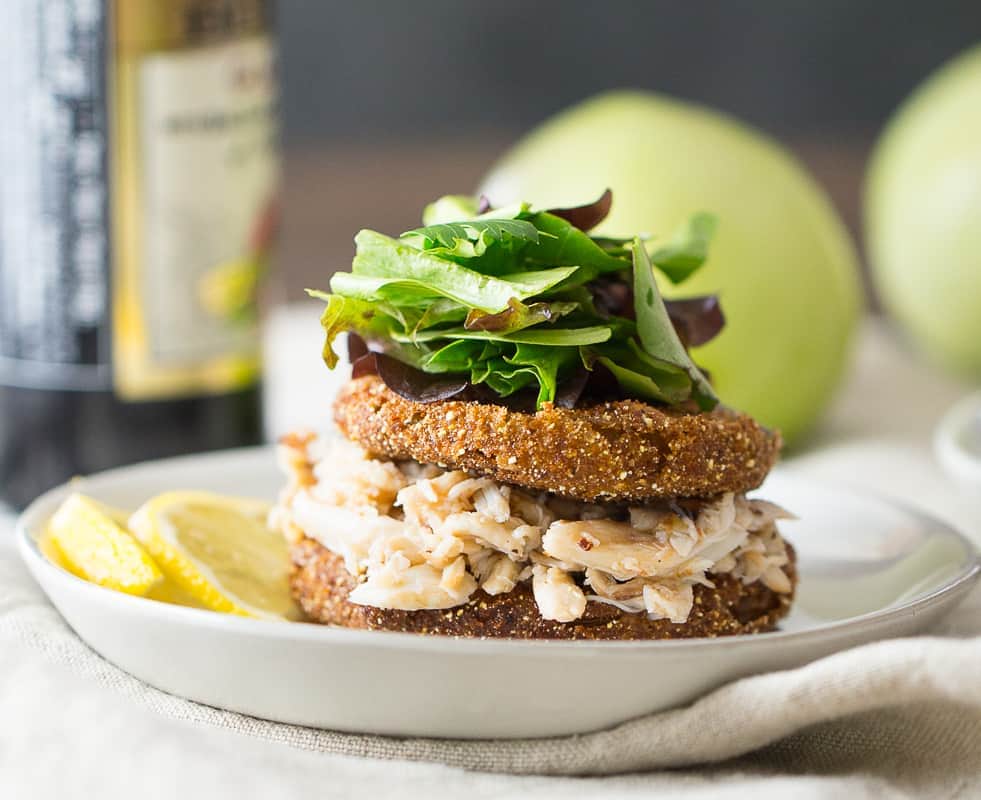 fried green tomatoes recipe with stack of crab