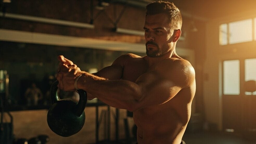 tabata workout athlete performing kettlebell swing for fat loss