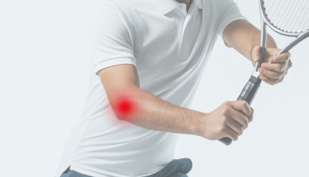 Dolor por epicondilitis lateral del codo o codo de tenista durante un golpe de tenis