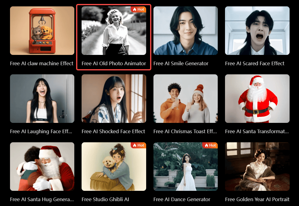 select ai old photo animator from Dreamlux ai video generator templates.