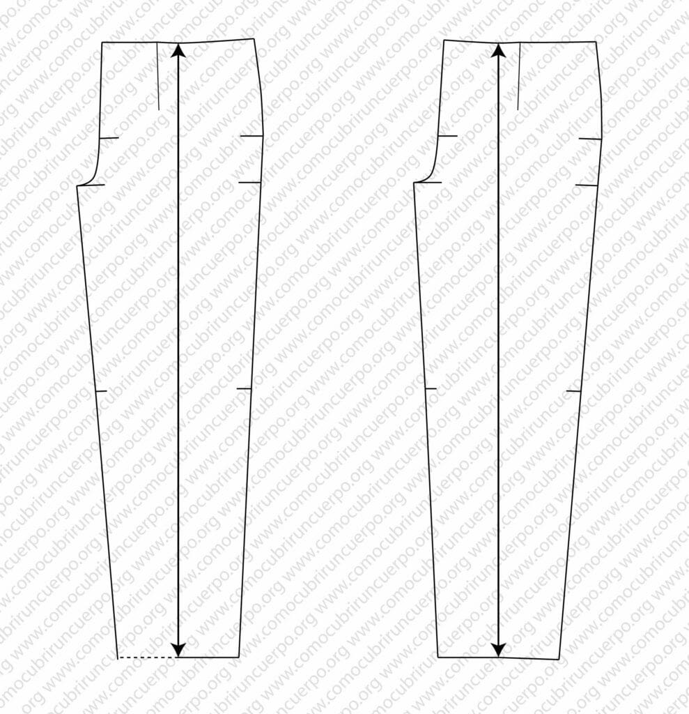 Patrón del pantalón clásico con los pliegues ya abiertos, mostrando el resultado final del proceso de pivotaje