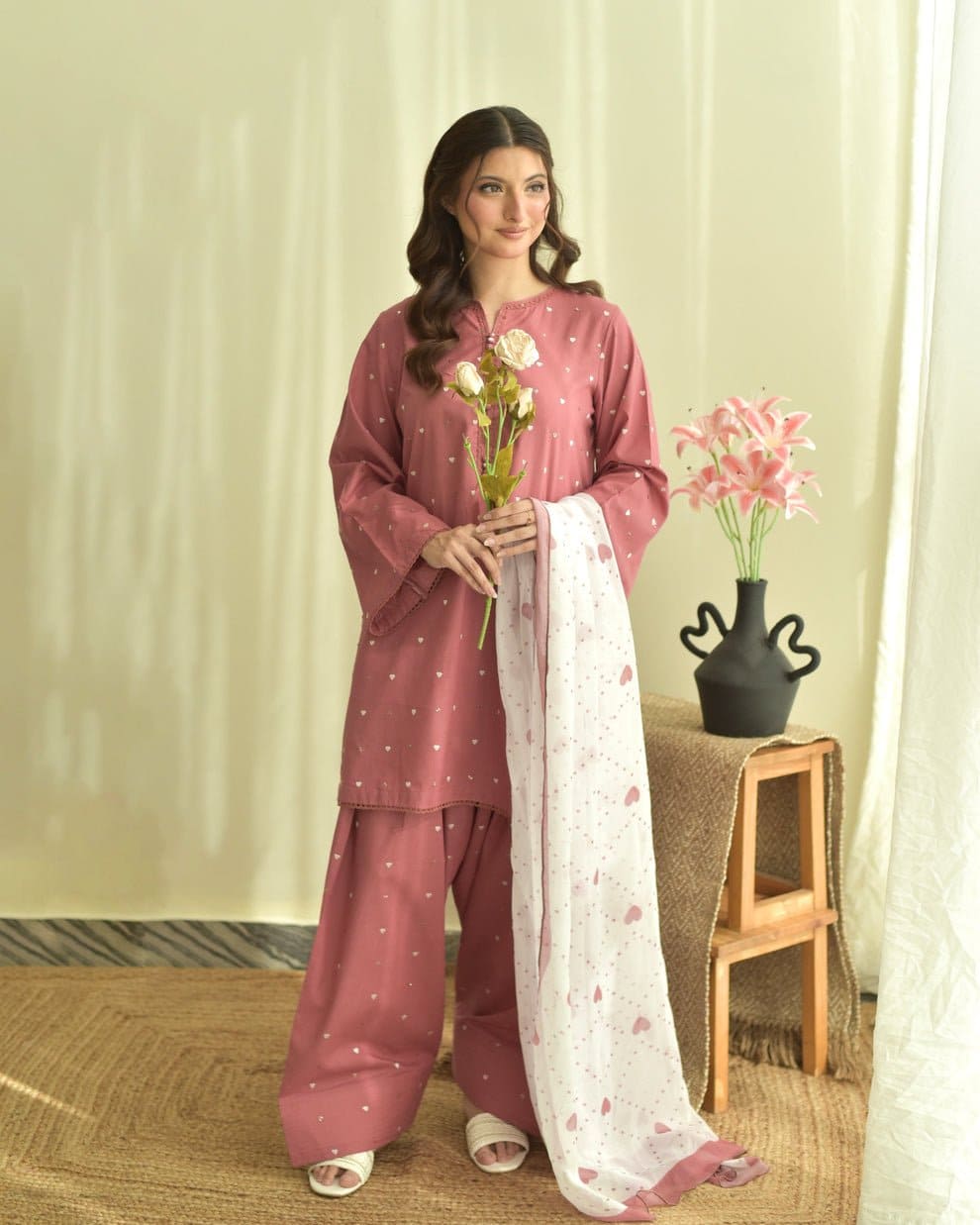 PINK HEART SUMMER SPECIAL'S UNSTICHED EMBROIDERED LAWN 3PC WITH CHIFFON DUPPATA